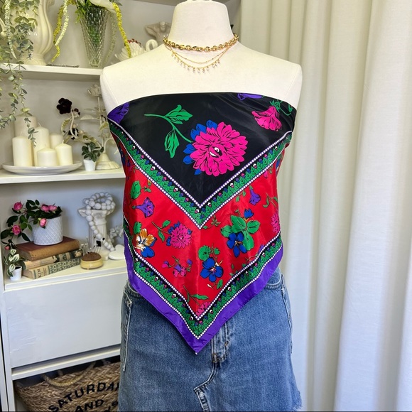 Vintage Accessories - Vintage 80s Black Red and Blue Floral Scarf Top